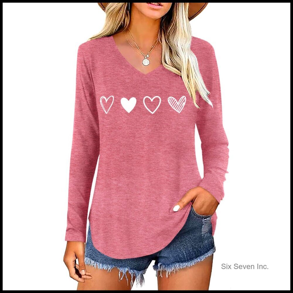V-Neck Long Sleeve Blouse Romantic Heart Graphic Tee Elegant Casual Top